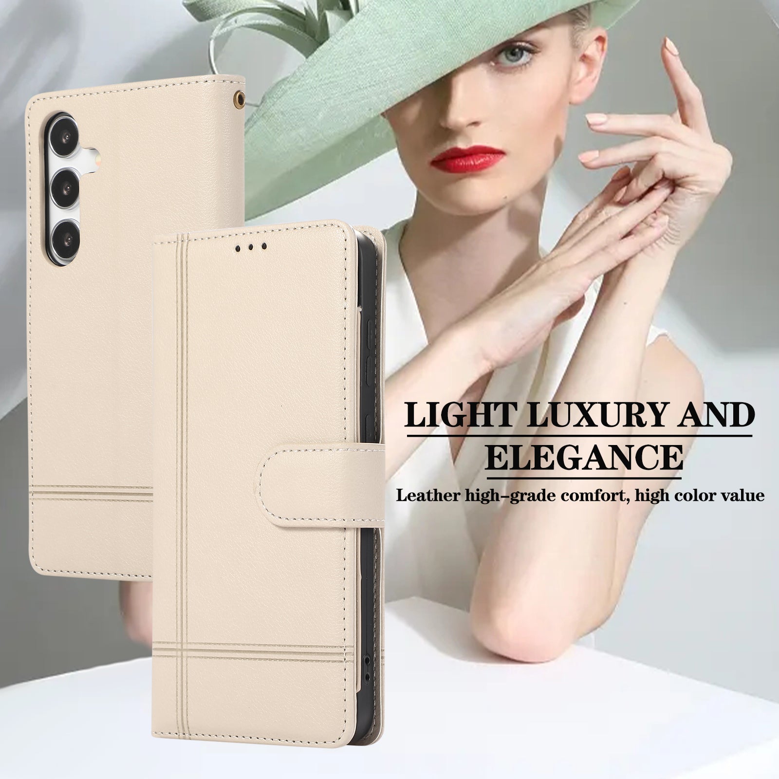 For Samsung Galaxy S24+ Case PU Leather Wallet Built-in Acrylic Mirror Phone Cover with 2 Straps - Beige For Samsung Galaxy S24+ Case PU Leather Wallet Built-in Acrylic Mirror Phone Cover with 2 Straps - Beige